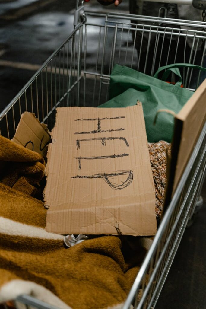 pexels photo 8078408 Cardboard sign with 'Help' in shopping cart, highlighting poverty issue.